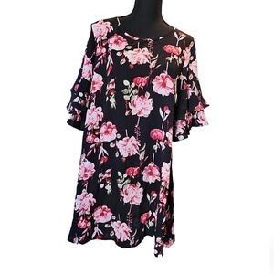Wishful Semi Sheer Black & Red Floral Tunic Flutter Sleeves